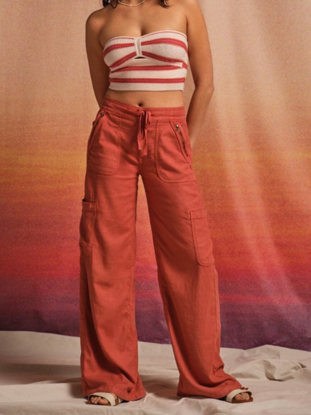 American Eagle Dreamy Drape Linen-Blend Baggy Wide-Leg Cargo Pant Rust Orange 6